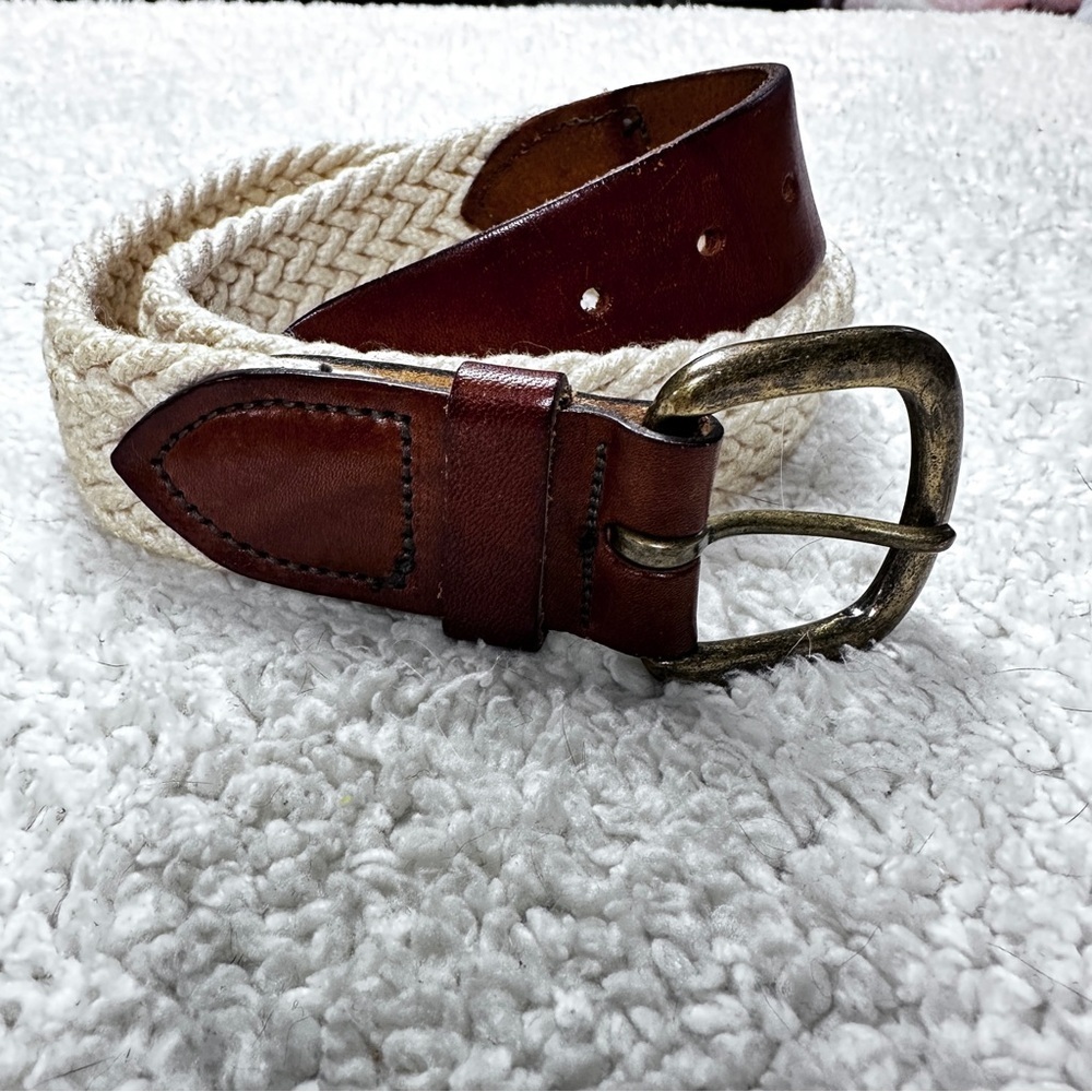 Men’s Woven Belt Braided Cream Cord, Leather Trim, Solid‎ Brass Buckle, 28